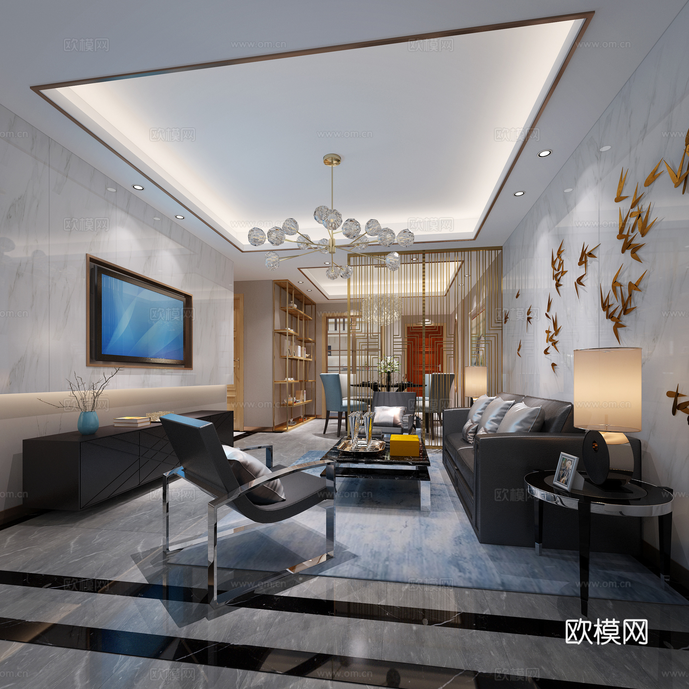 现代客厅 餐厅 客餐厅 吊灯 台灯 沙发 电视柜 挂画3d模型