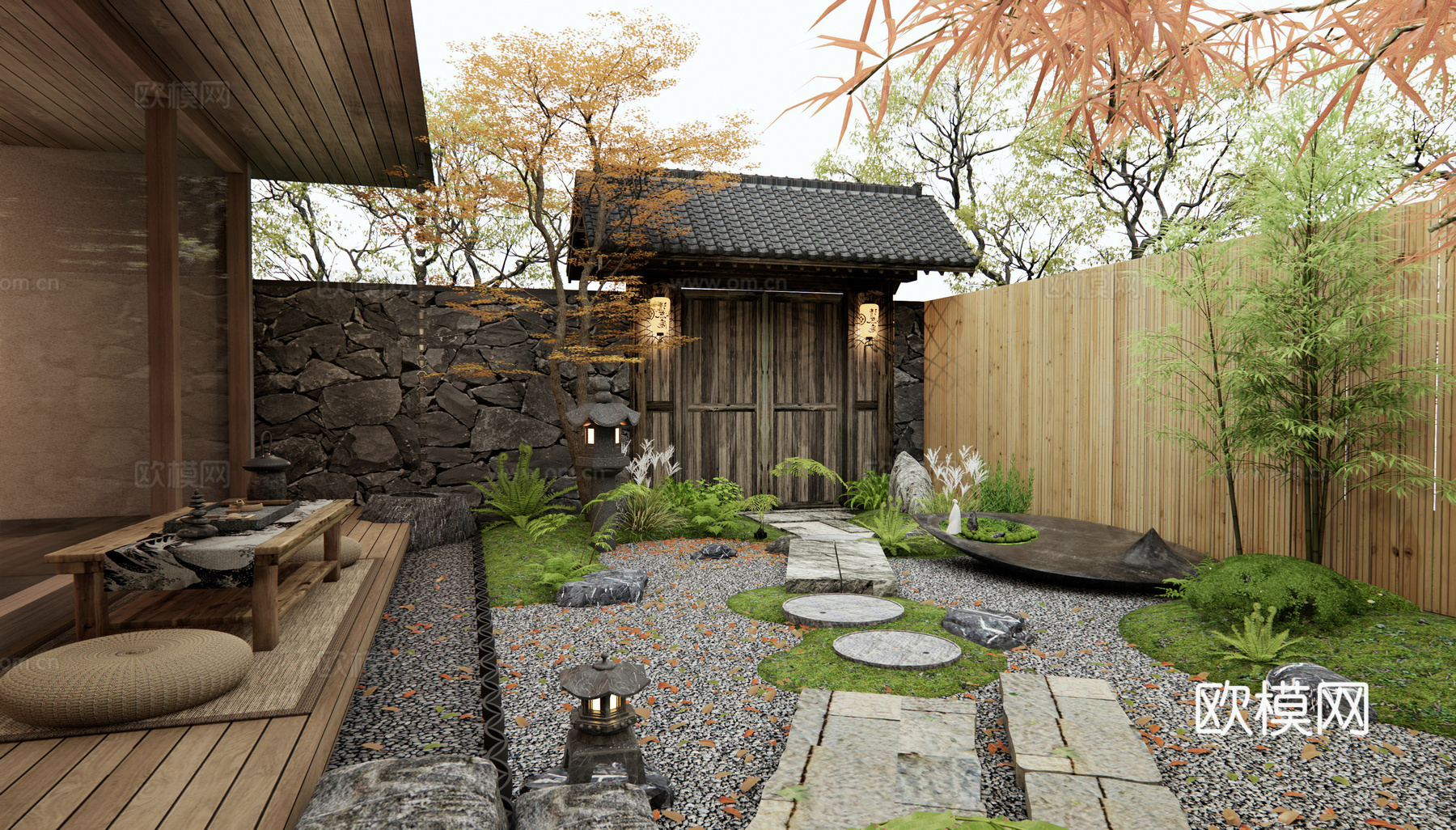 日式庭院景观 青石板 汀步 苔藓景观 庭院大门 景观树3d模型