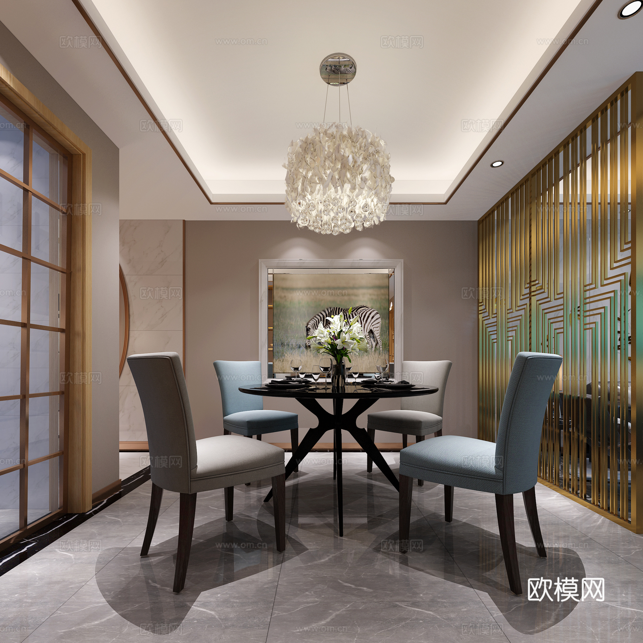 现代客厅 餐厅 客餐厅 吊灯 台灯 沙发 电视柜 挂画3d模型