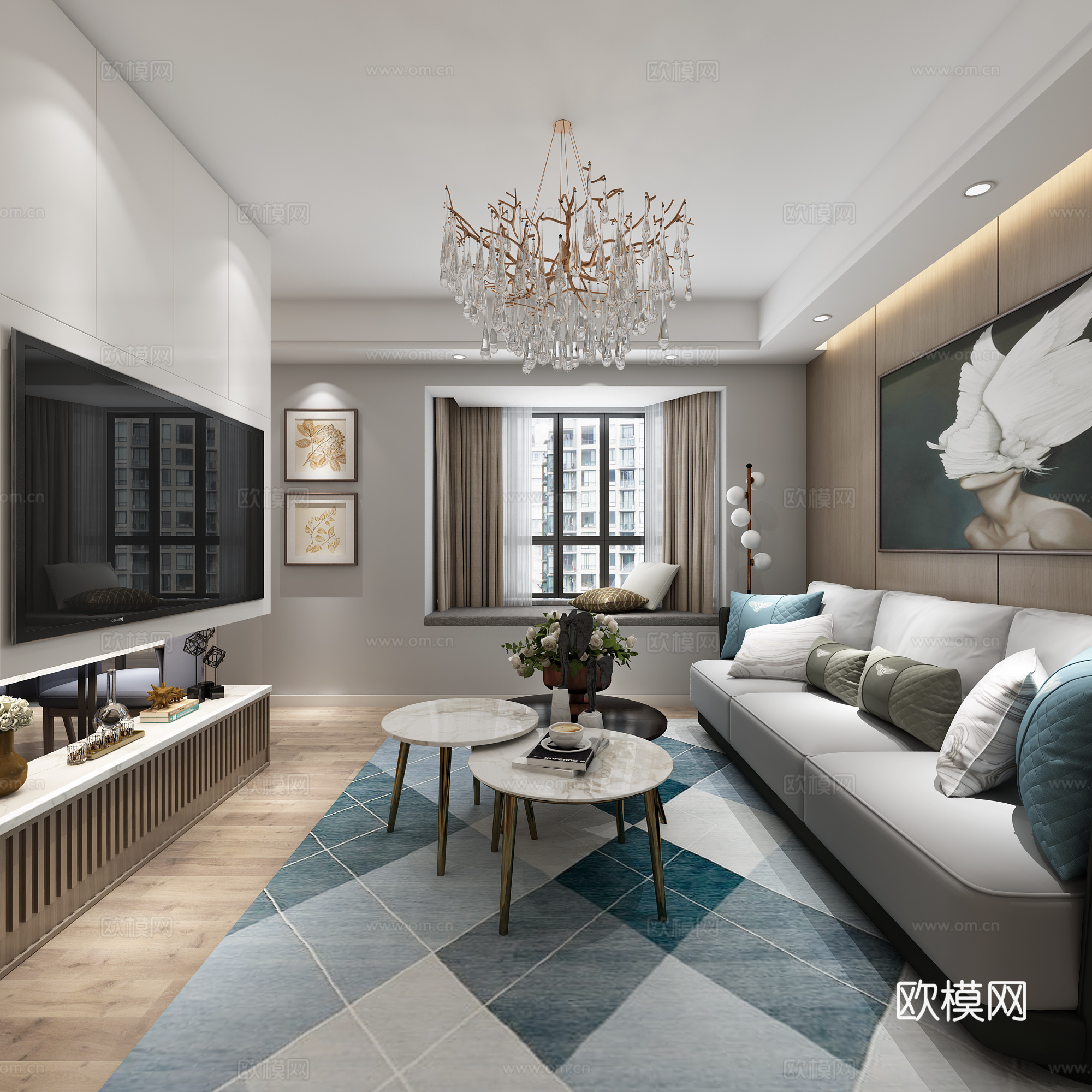 现代客厅餐厅 吊灯 台灯 多人沙发 单人沙发 茶几 装饰3d模型
