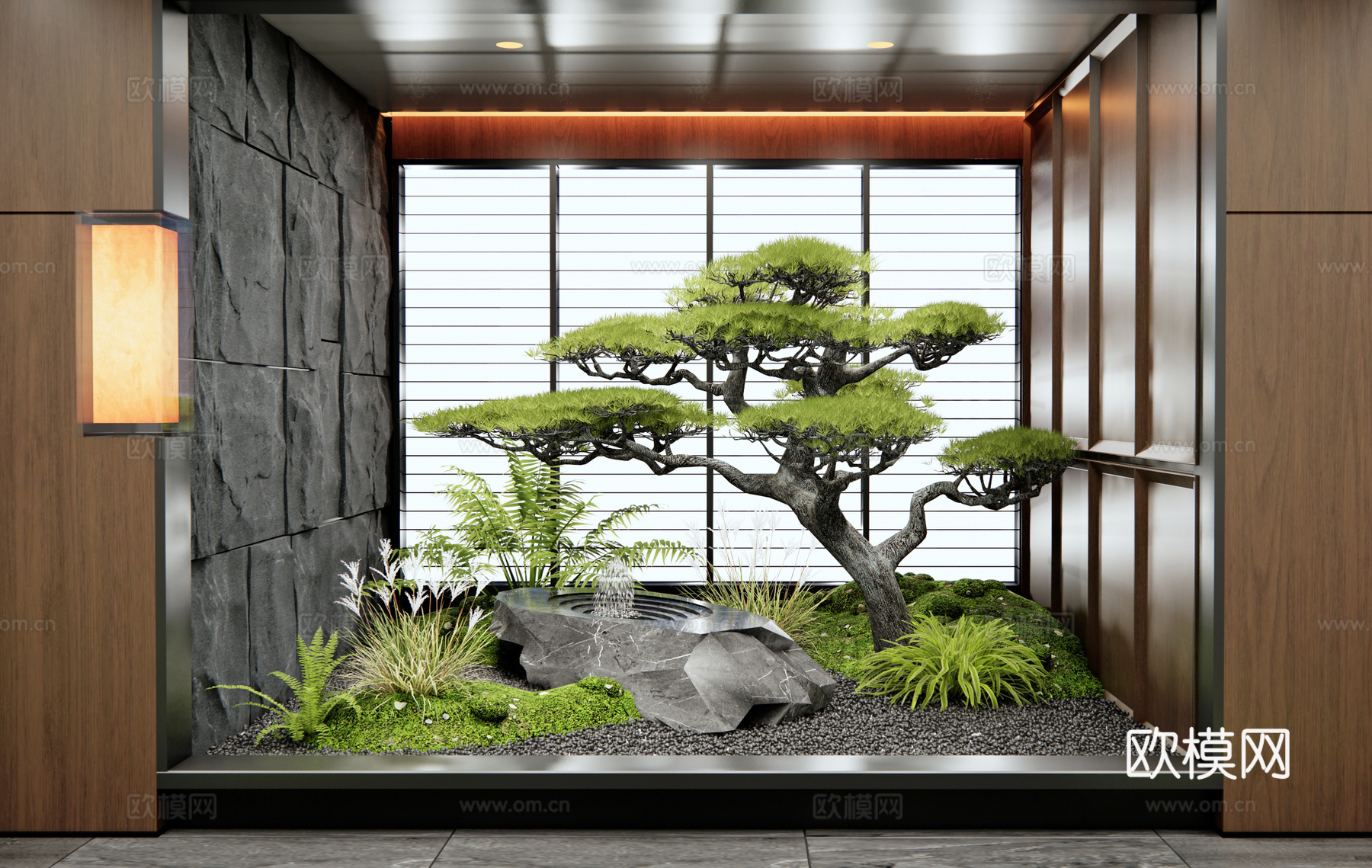 新中式室内景观 植物造景 水钵水景 苔藓 松树 罗汉松3d模型
