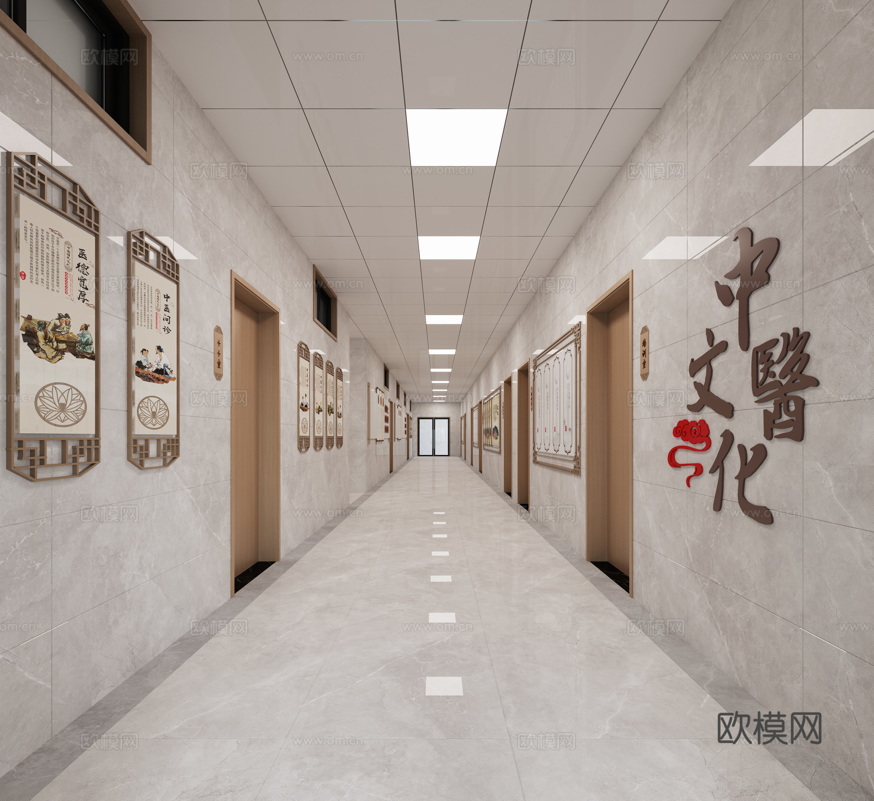 医院文化展示过道   医院培训机构    中医文化展示走廊3d模型