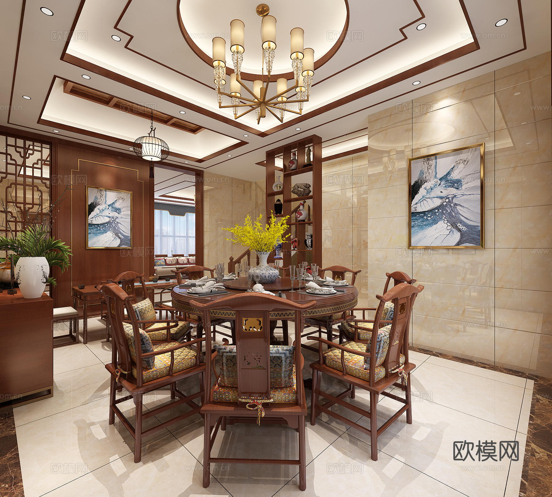 传统中式客餐厅吊灯 台灯 多人沙发 单人沙发 茶几 装饰3d模型