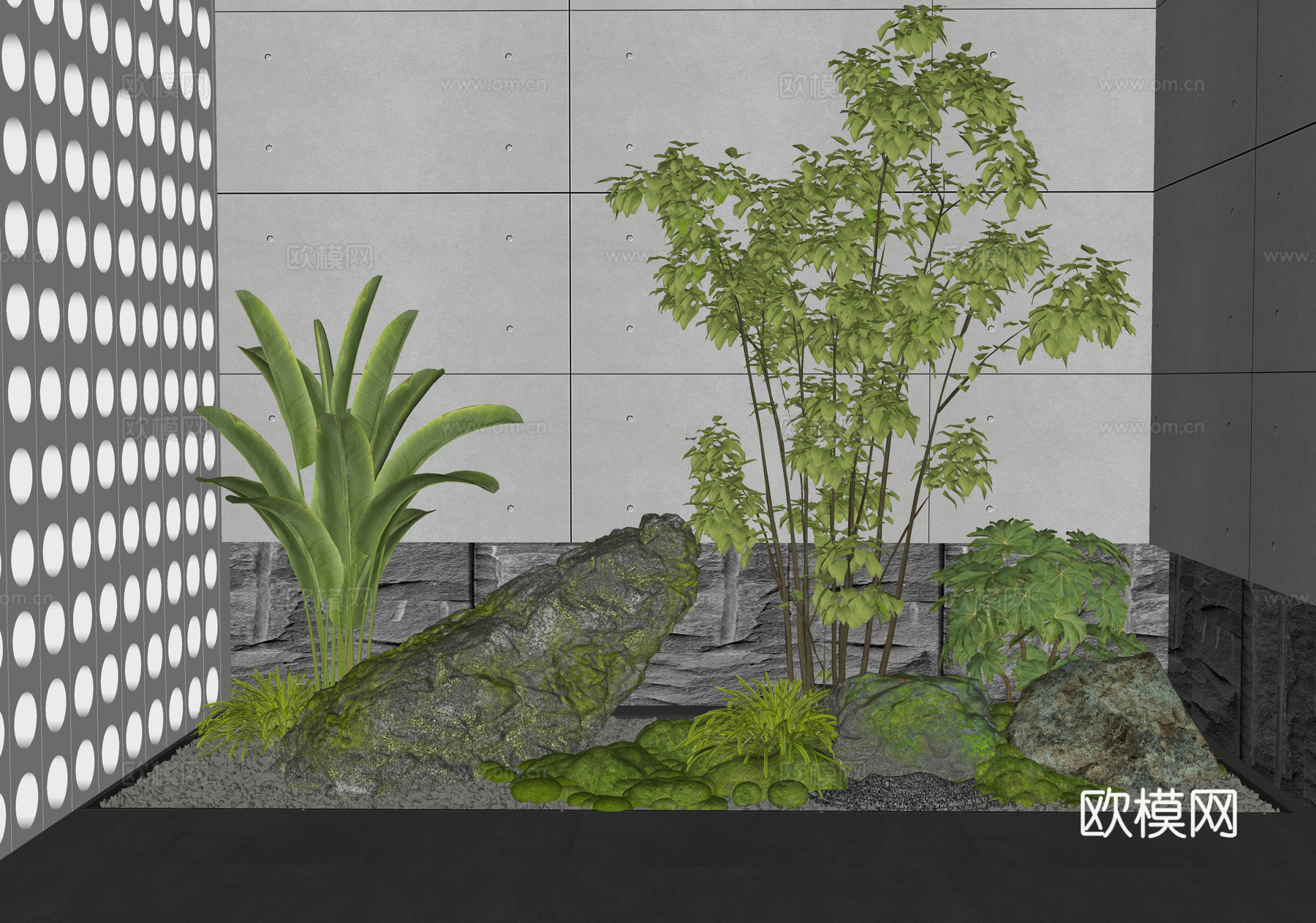 现代室内景观 置石 景观石头 苔藓 灌木 植物组合 植物造景su模型