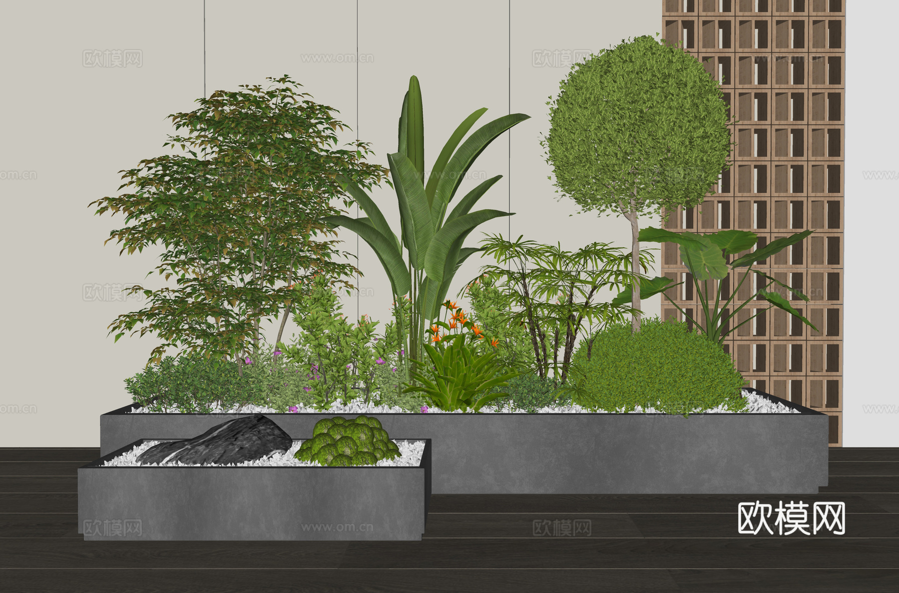 现代植物花箱 植物堆 绿植组合 花池 灌木 花草 植物造景su模型