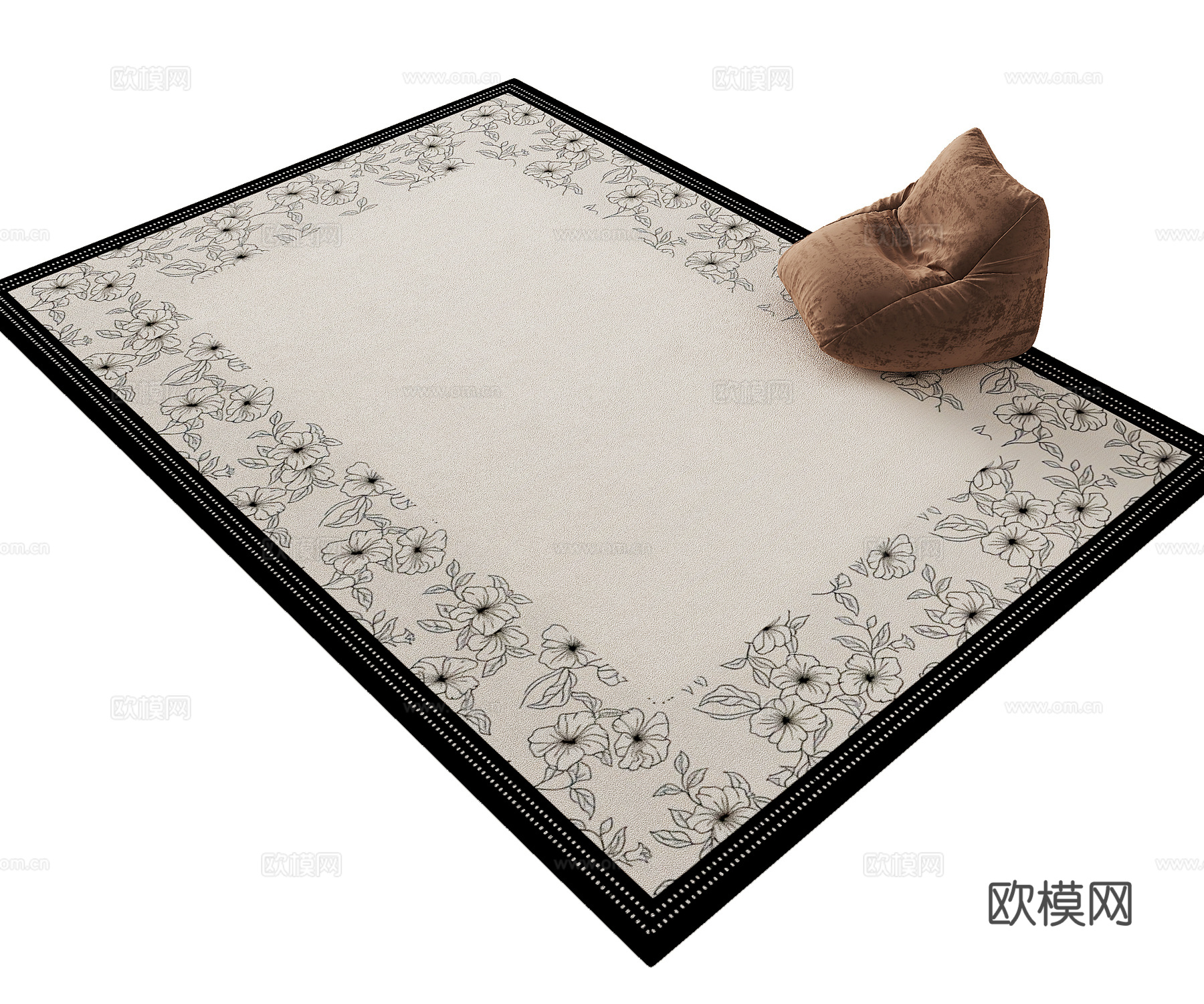中古复古黑白植物花纹圆形地毯3d模型