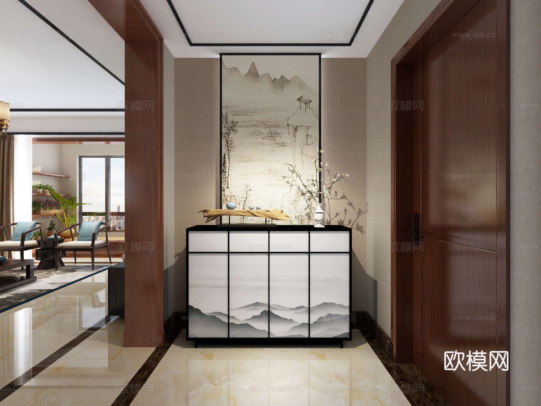 新中式客餐厅玄关 沙发茶几 餐桌椅 吊灯 玄关柜 电视柜3d模型