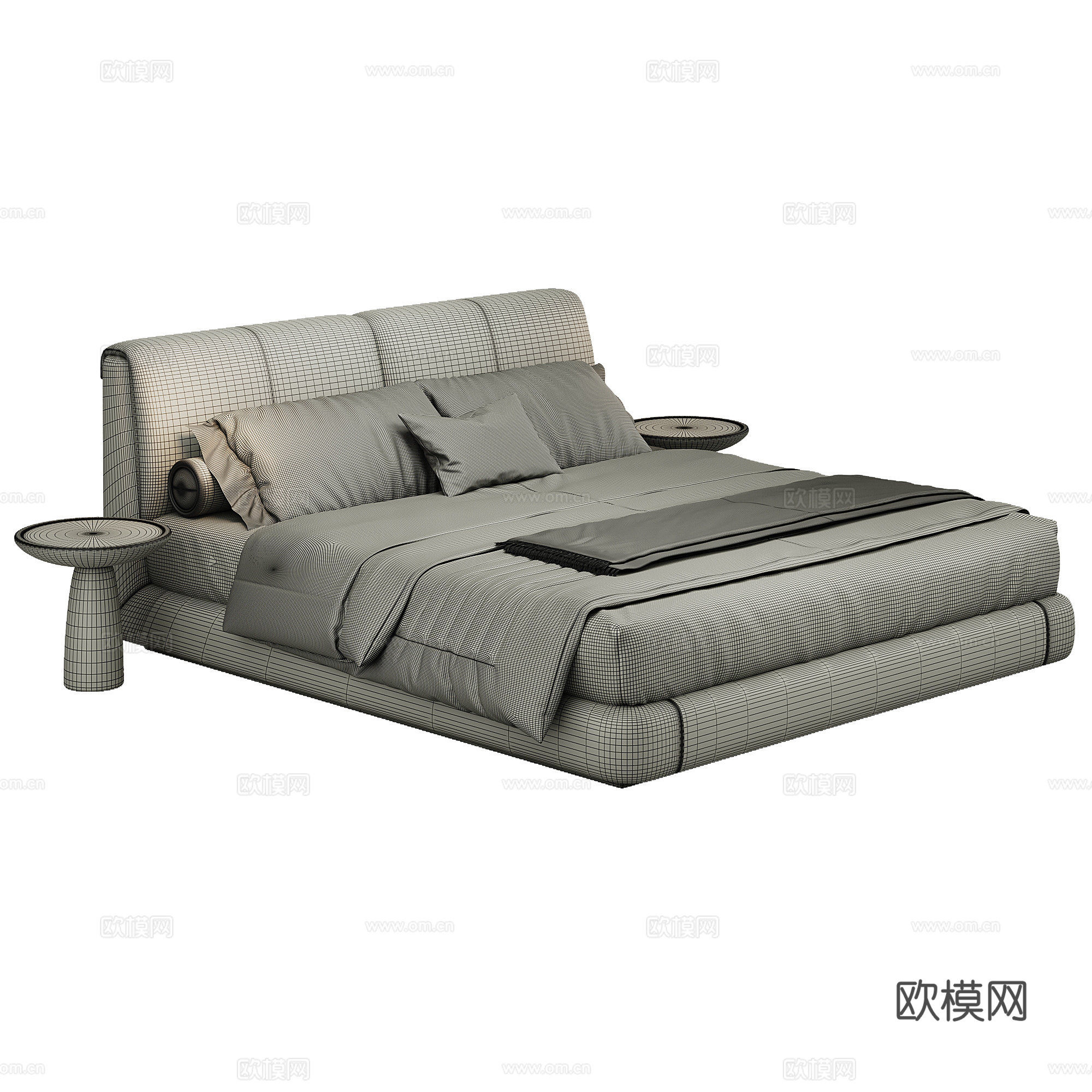 现代 卧室 布艺 双人床 床品 抱枕 床垫3d模型