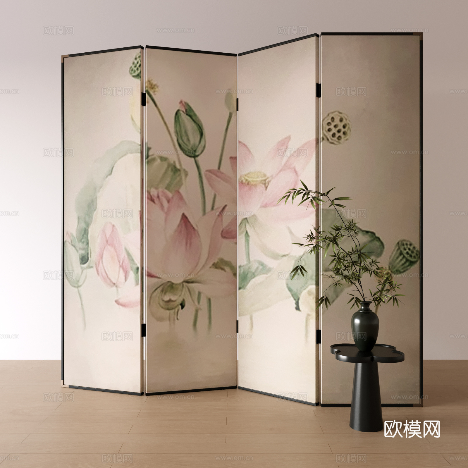 中式屏风隔断 荷花屏风su模型