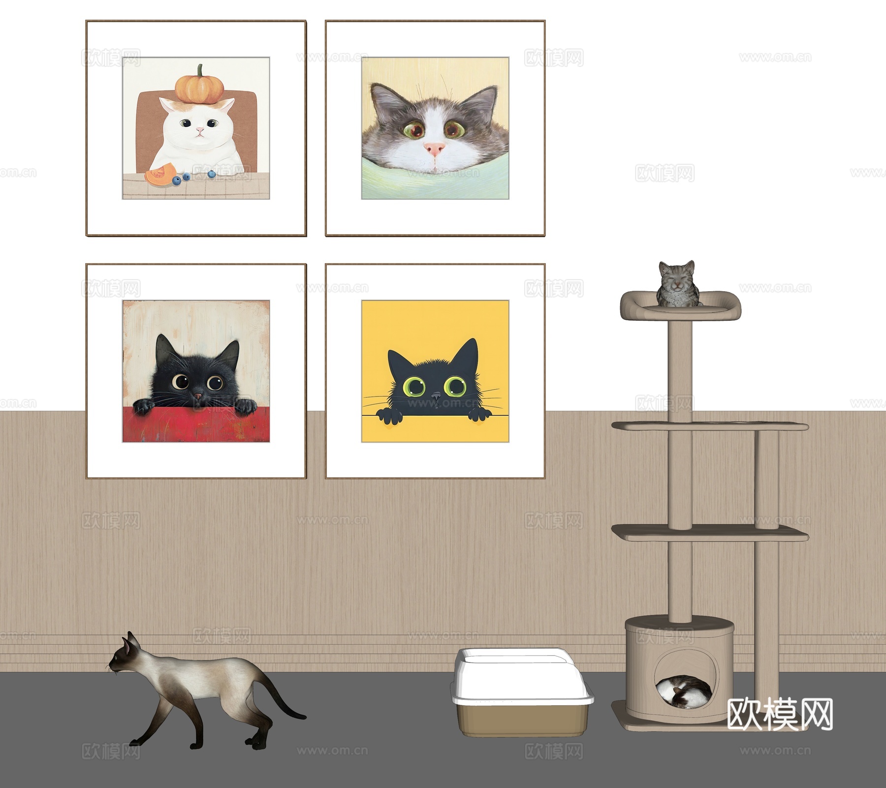 现代动物装饰挂画组合 猫爬架su模型
