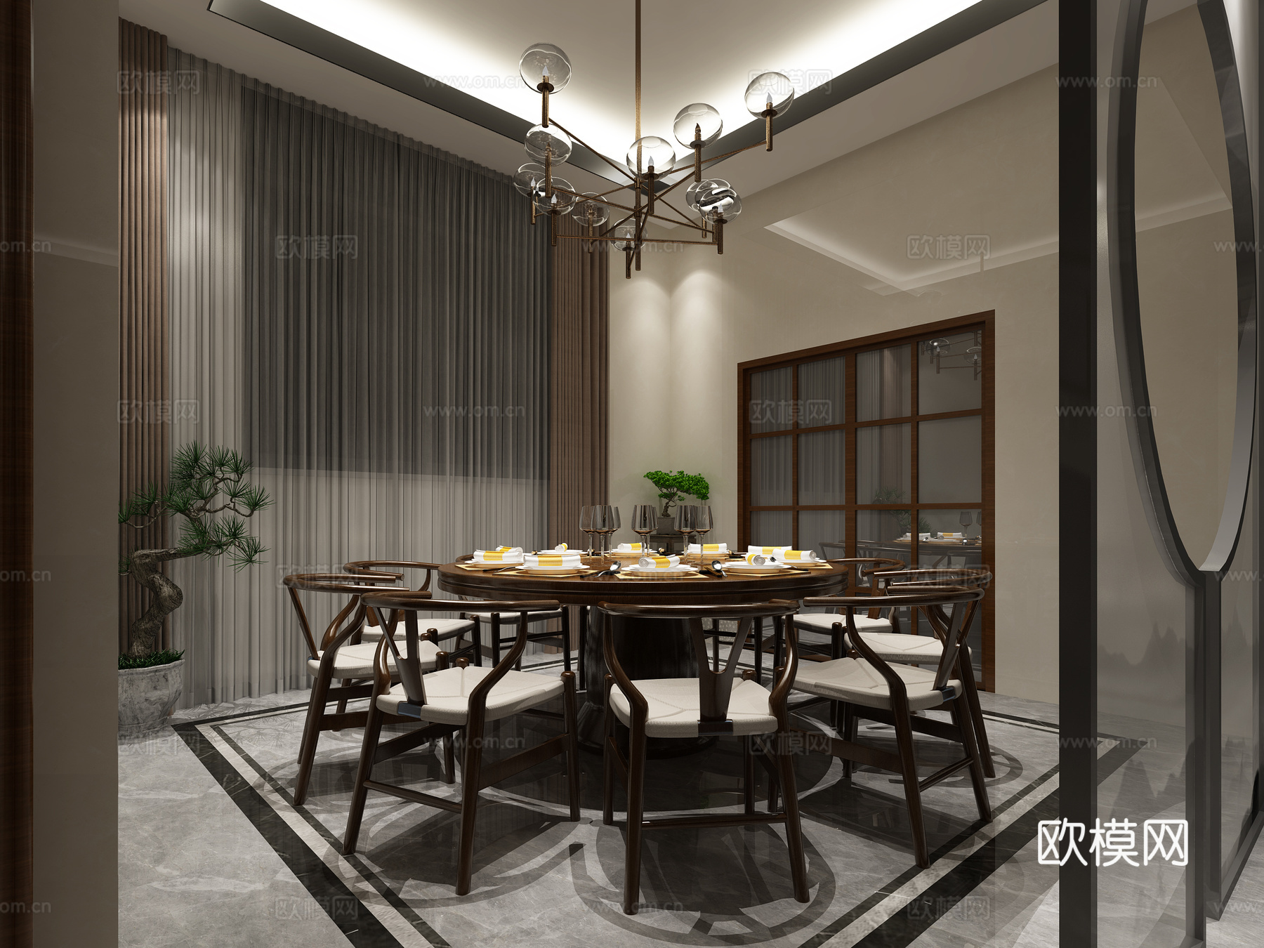 新中式客餐厅 金属吊灯3d模型