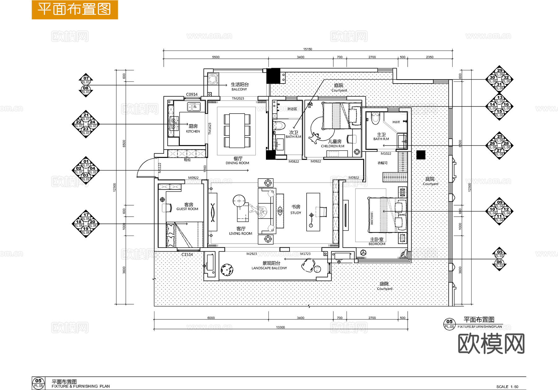 135㎡大平层CAD全套施工详图 装私宅样板房 四居室  家cad施工图
