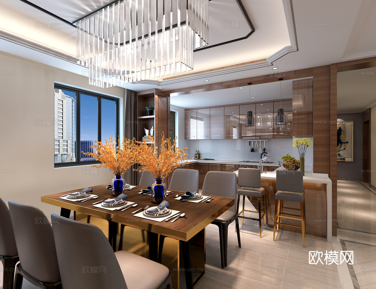 泰然设计中心港式客餐厅 开放厨房 餐桌椅 沙发茶几 吊灯3d模型