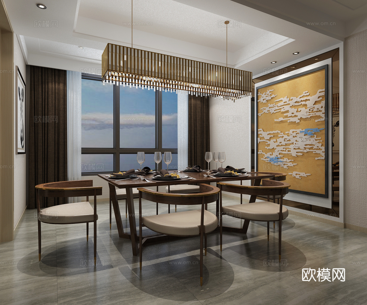 新中式餐厅 吊灯 餐桌椅 背景墙3d模型
