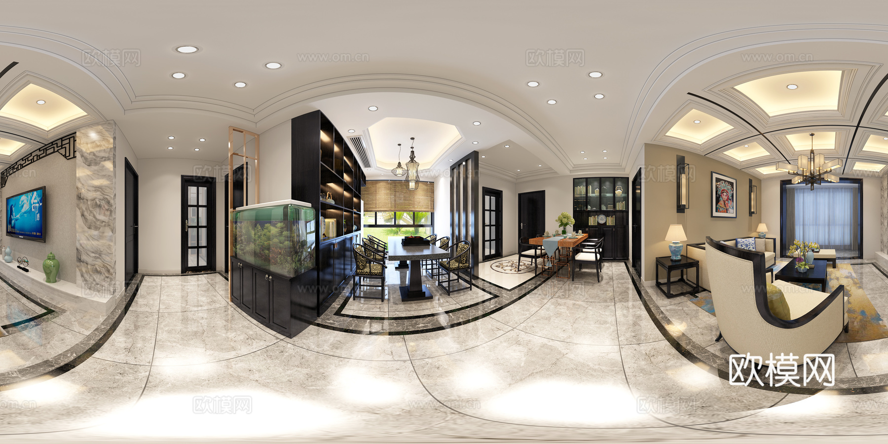 新中式客餐厅 客厅 餐桌椅 沙发茶几 吊灯 桌面摆件 挂画3d模型