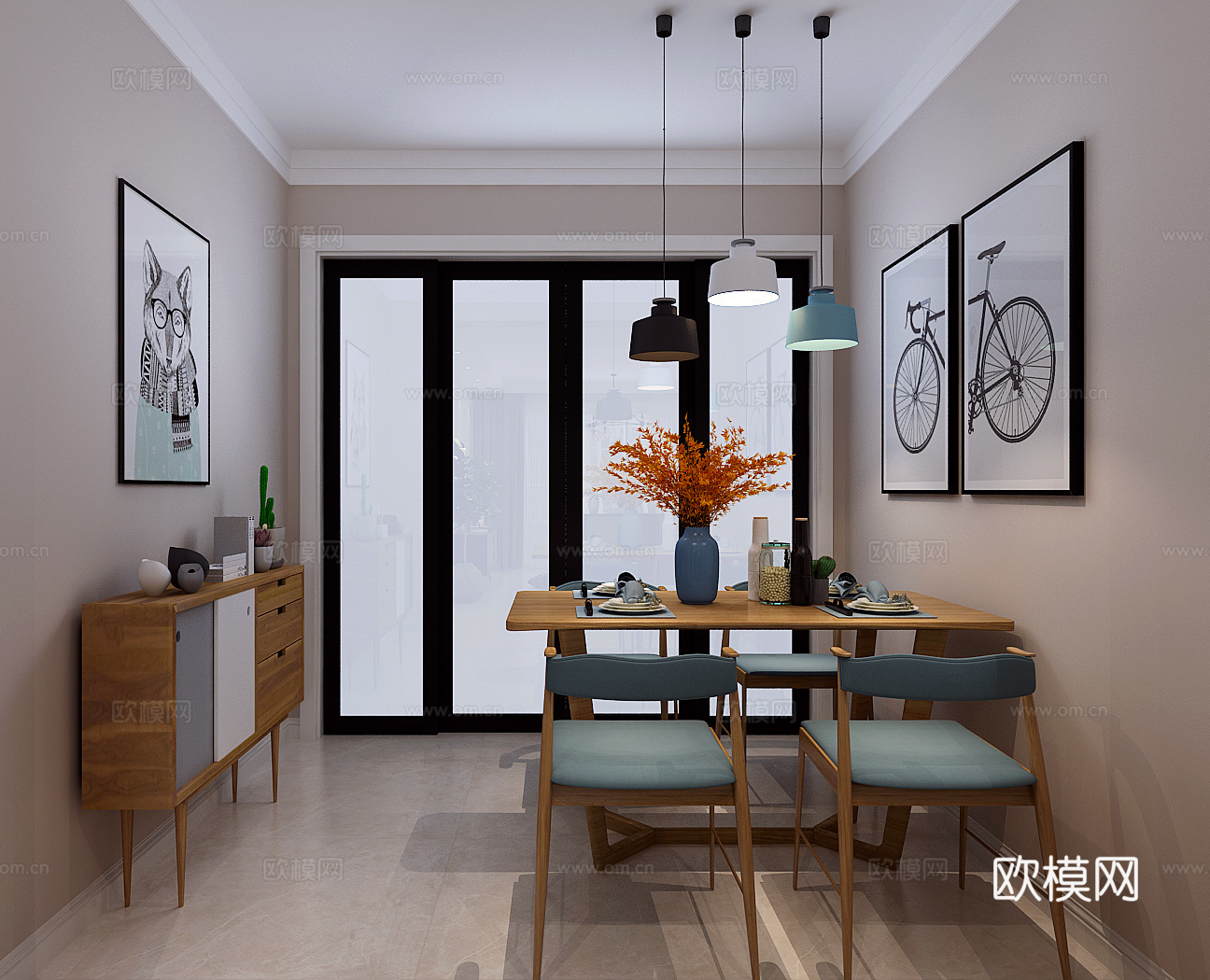 北欧客厅 餐桌椅 沙发茶几 吊灯 桌面摆件 挂画3d模型
