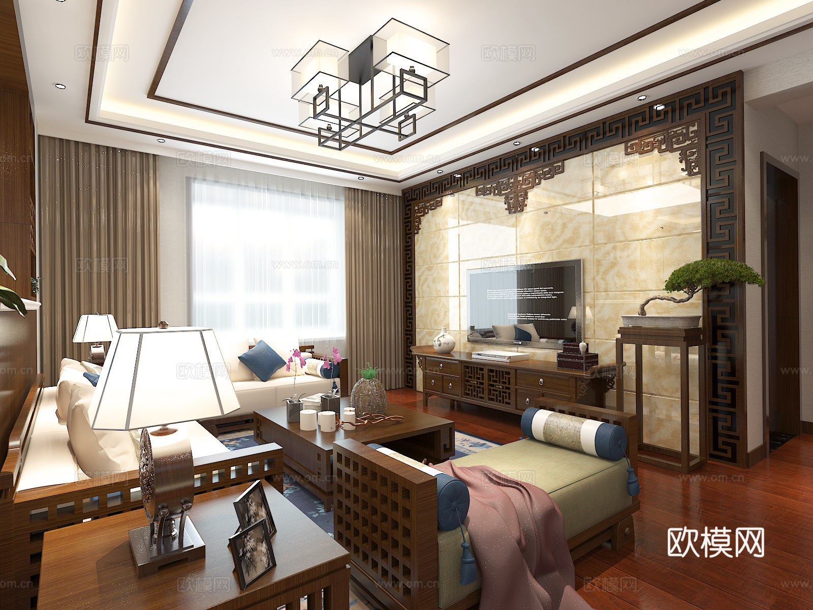 中式客餐厅 铁艺吊灯 布艺沙发3d模型