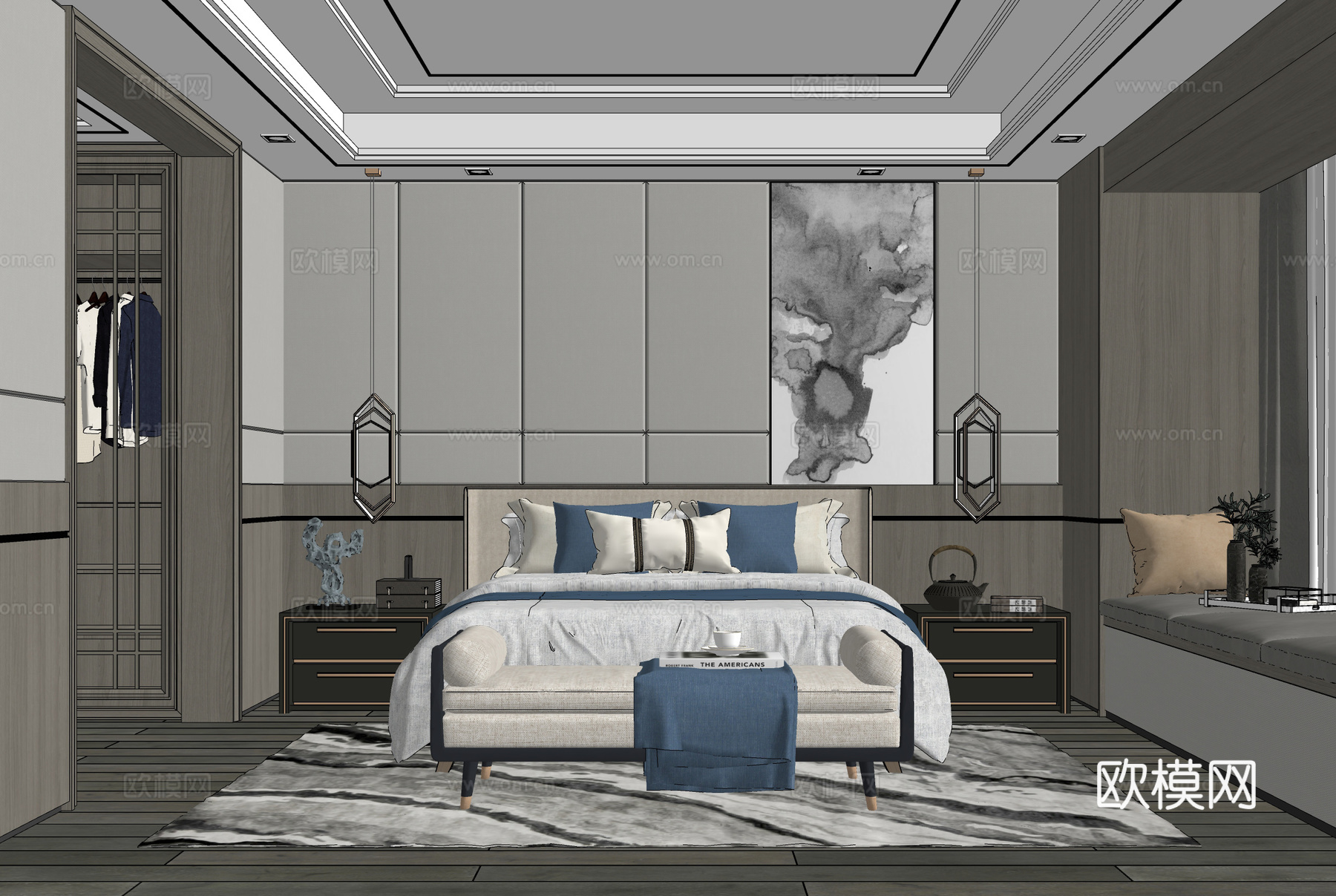 新中式卧室 主卧 双人床 卧室飘窗 衣帽间 床尾凳su模型