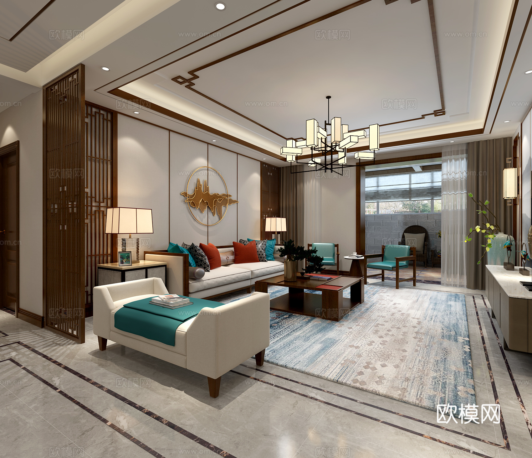 新中式客厅餐厅过道 屏风 边柜 沙发 组合电视柜 吊灯3d模型