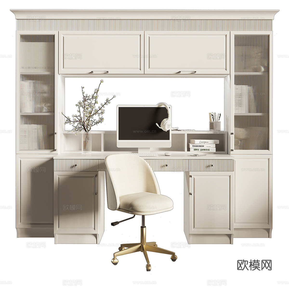 现代奶油风书柜 书桌椅组合3d模型