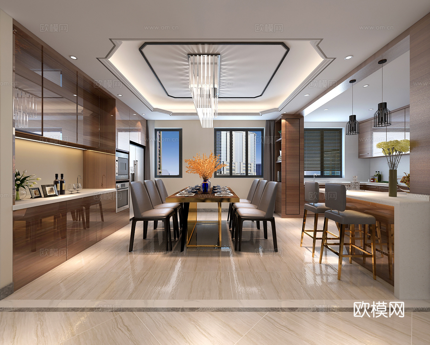 泰然设计中心港式客餐厅 开放厨房 餐桌椅 沙发茶几 吊灯3d模型