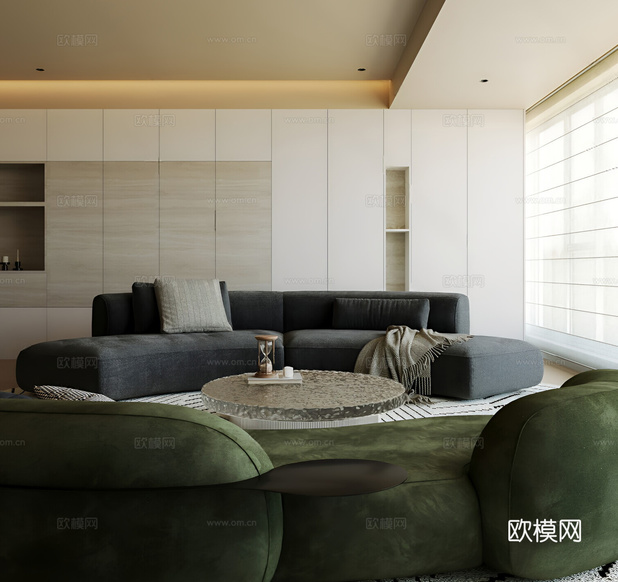 現(xiàn)代侘寂家居客廳 無(wú)主燈客廳 大橫廳 高級(jí)感 靜奢3d模型下載(渲染圖1)