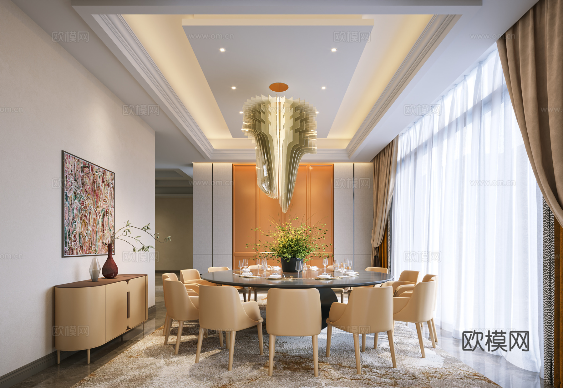 现代 包厢 餐厅包间 圆形餐桌椅 餐边柜 包房 大包间 轻奢3d模型下载