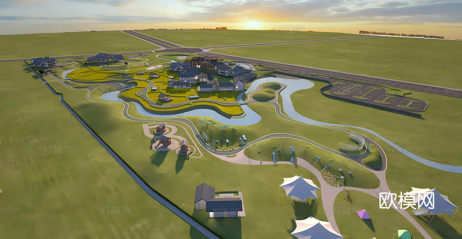 新中式现代公园 田园景观 民宿酒店 别墅 公园景观 景观建筑3d模型