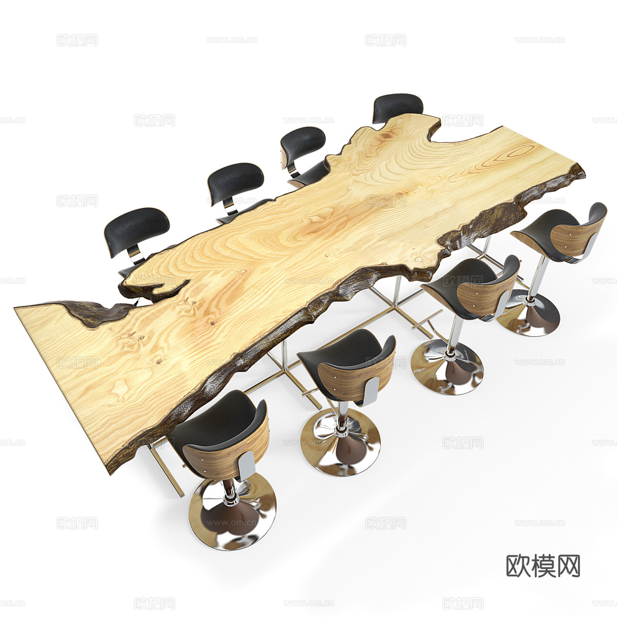 原木吧桌 吧台椅组合3d模型