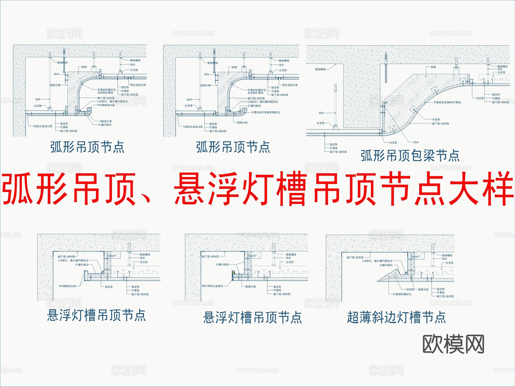 弧形吊顶、悬浮灯槽吊顶节点大样cad施工图