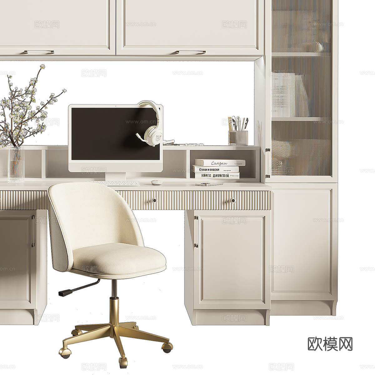 现代奶油风书柜 书桌椅组合3d模型