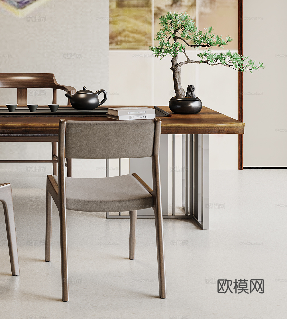 新中式茶桌椅  中式茶具  中式实木桌椅 绿植摆件3d模型