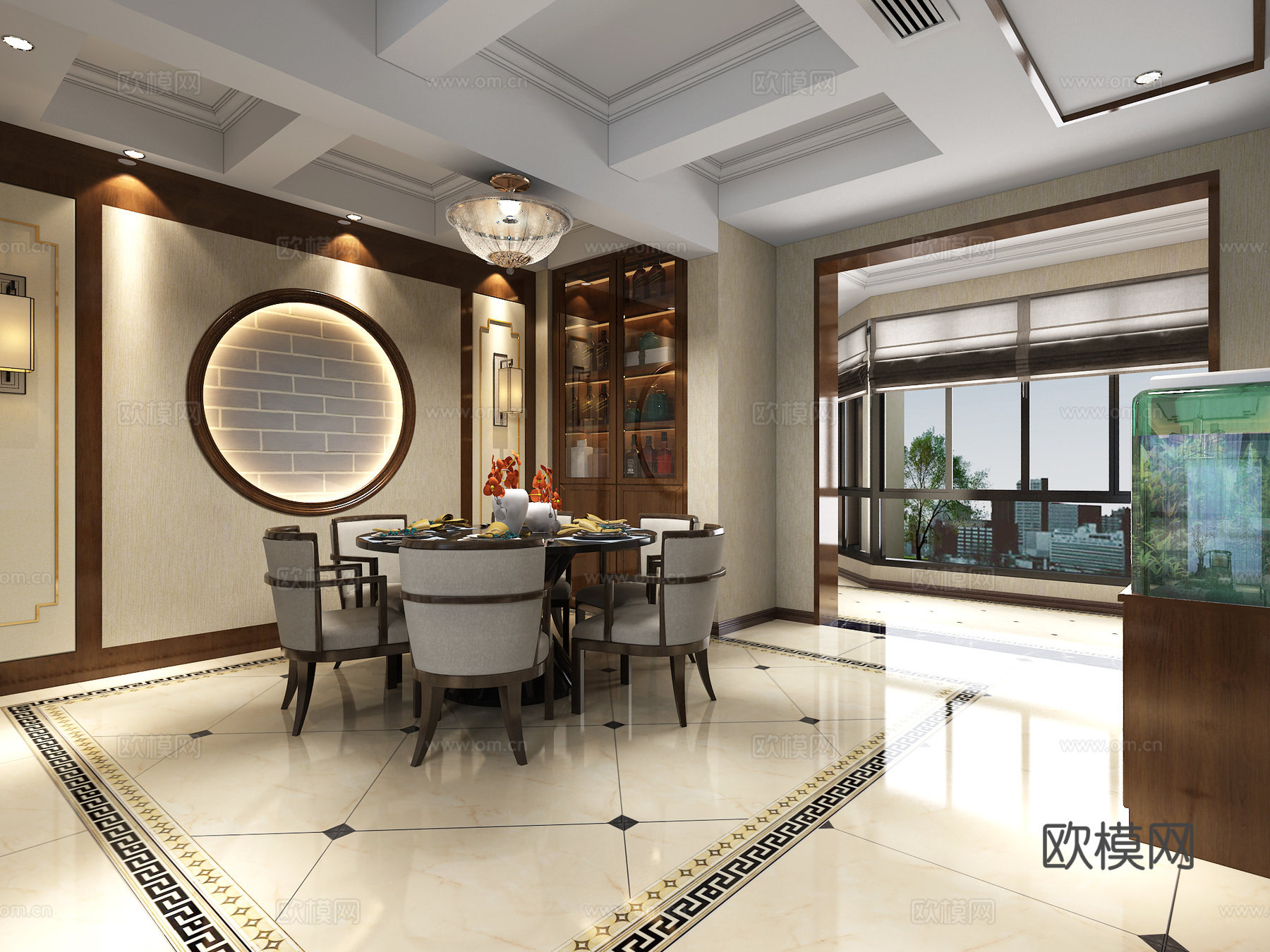 新中式客餐厅 沙发茶几 吊灯 餐桌椅 鱼缸3d模型