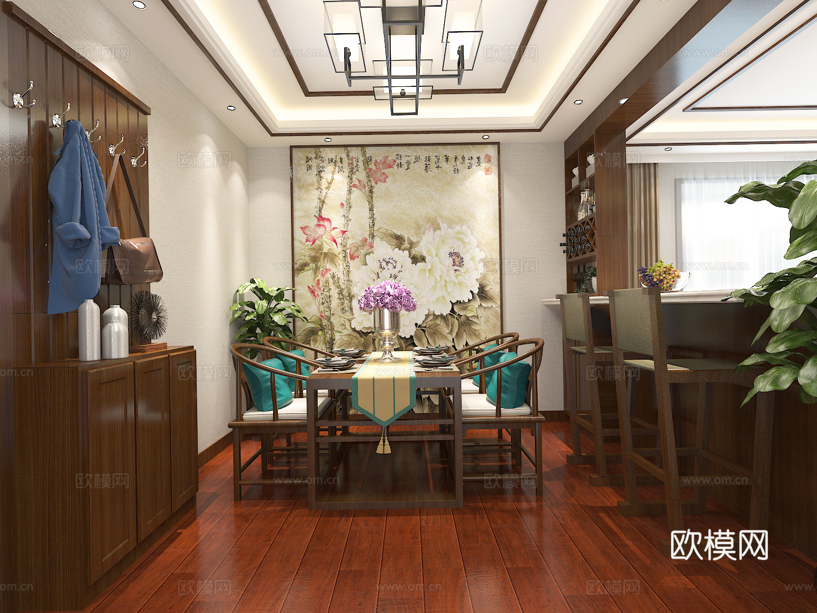 中式客餐厅 铁艺吊灯 布艺沙发3d模型