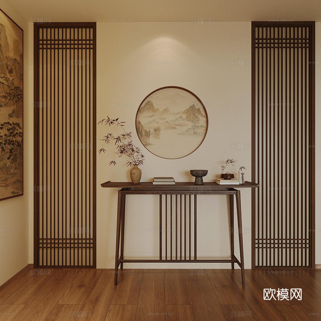 新中式条案 新中式玄关 玄关条案 实木条案 端景柜 摆件组合3d模型