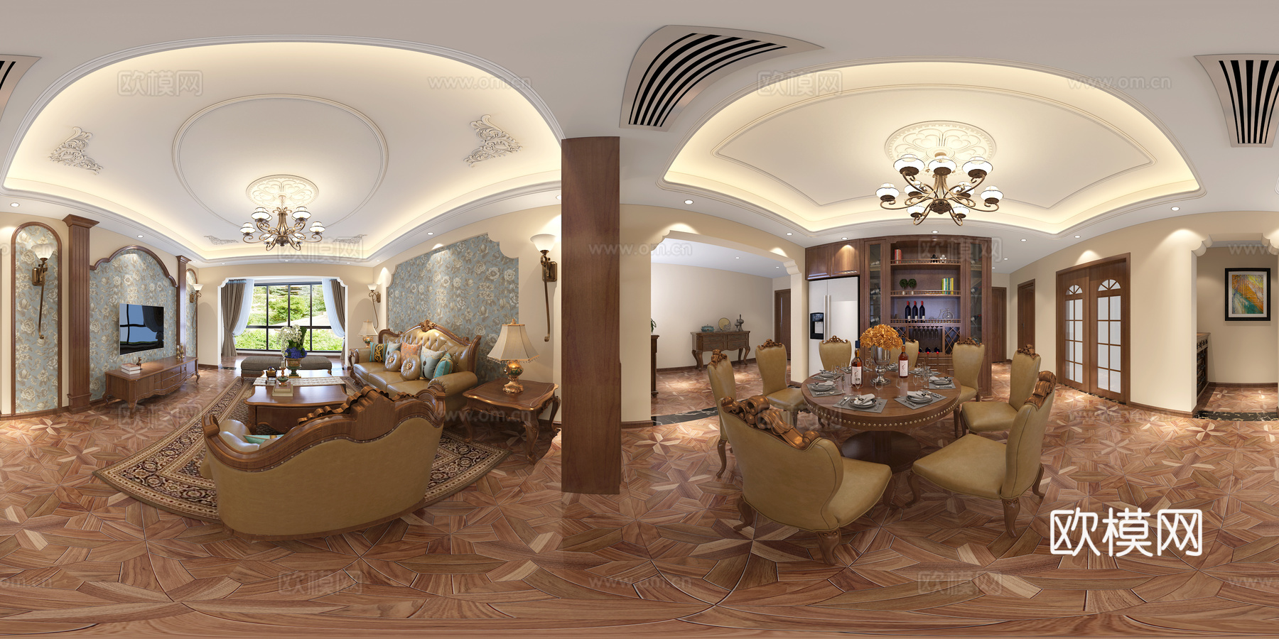 美式简约客餐厅 沙发茶几 吊灯 桌面摆件 挂画3d模型