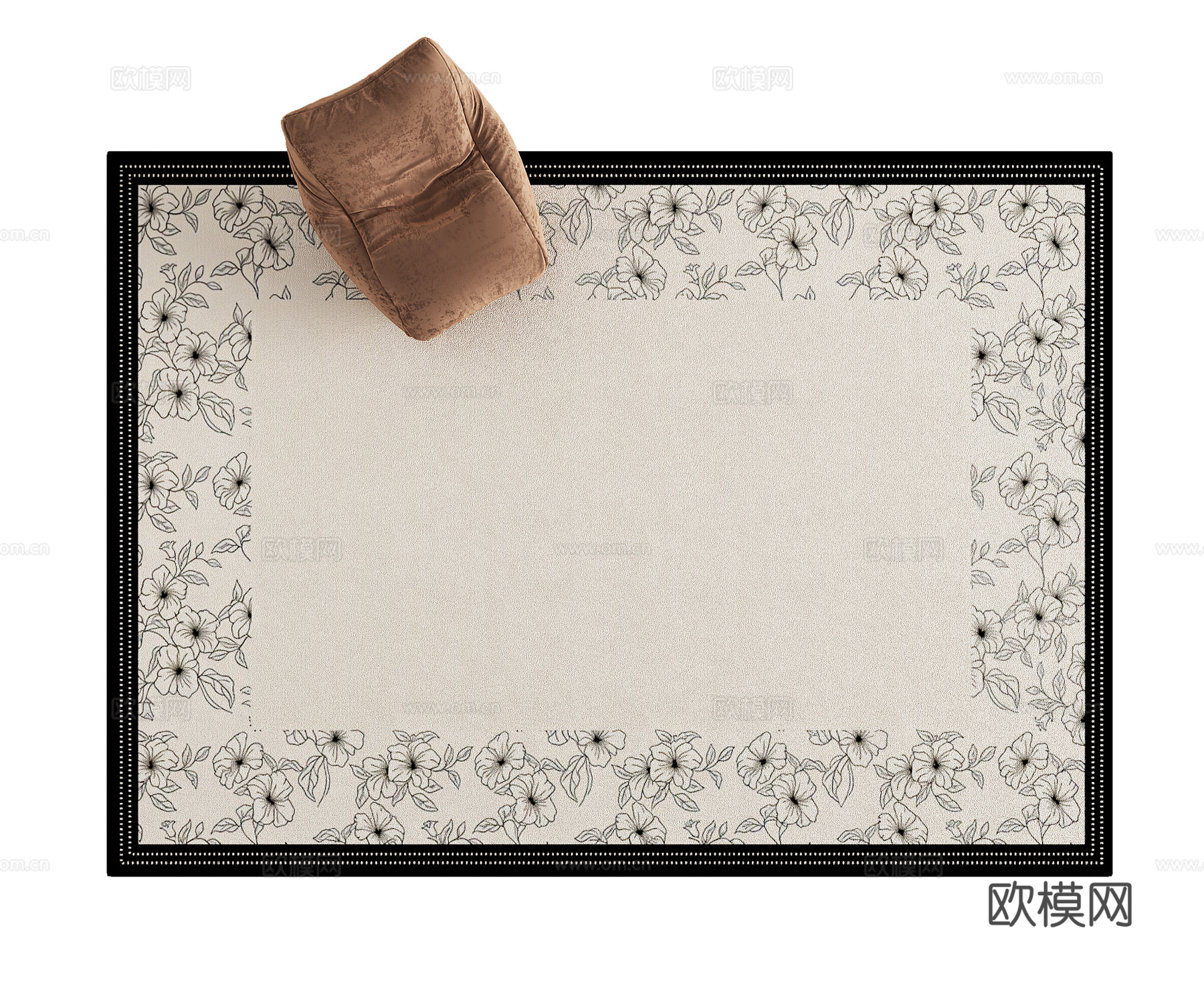 中古复古黑白植物花纹圆形地毯3d模型