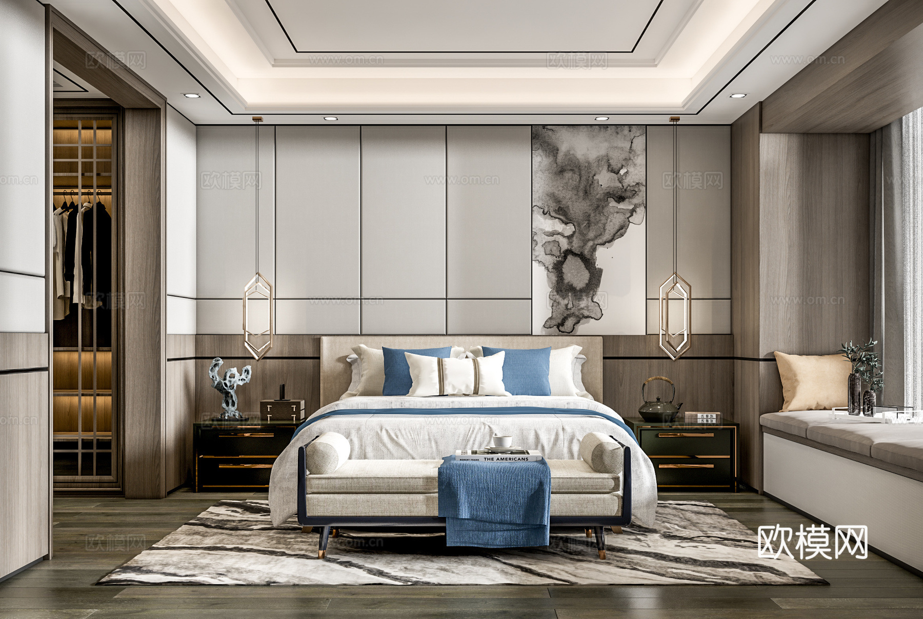 新中式卧室 主卧 双人床 卧室飘窗 衣帽间 床尾凳su模型