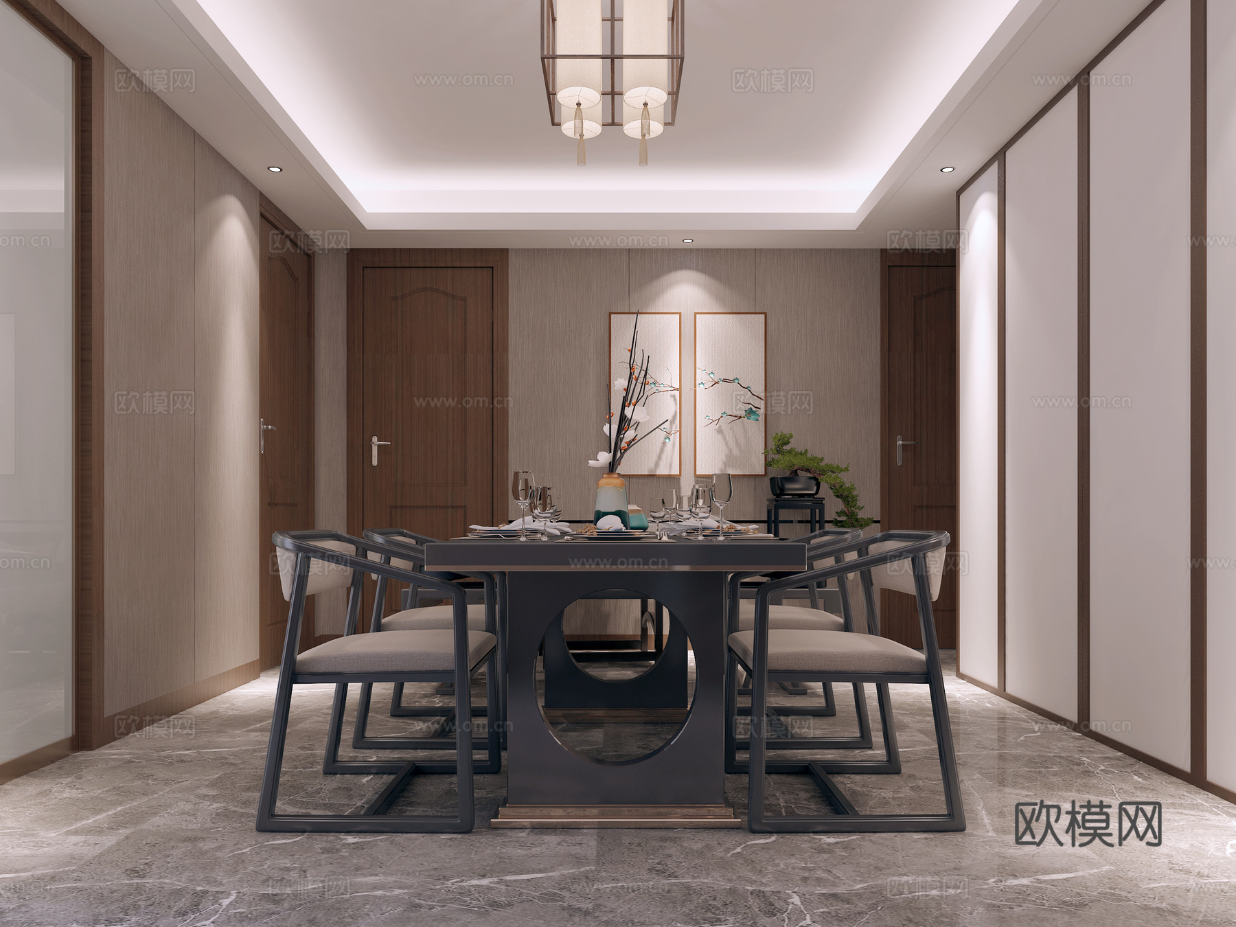 新中式餐厅 吊灯 餐桌椅 挂画3d模型