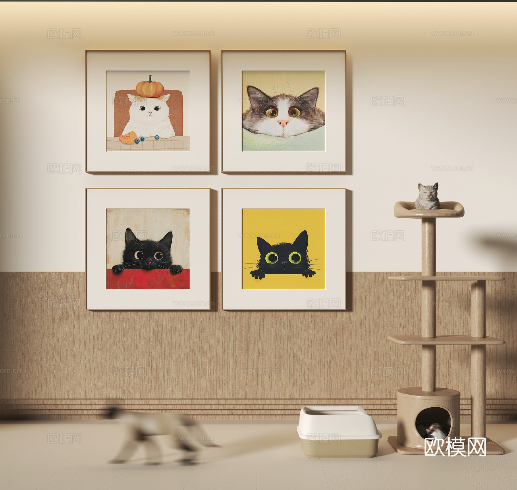 现代动物装饰挂画组合 猫爬架su模型