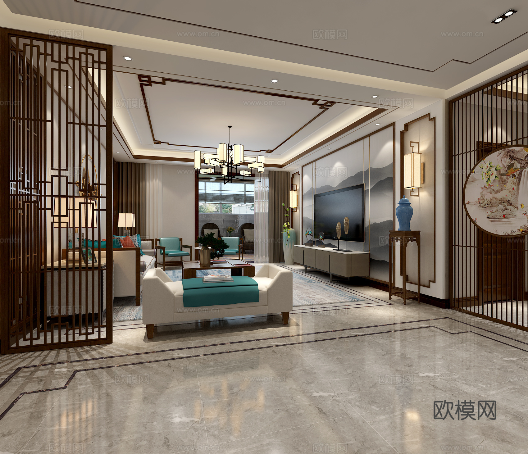 新中式客厅餐厅过道 屏风 边柜 沙发 组合电视柜 吊灯3d模型