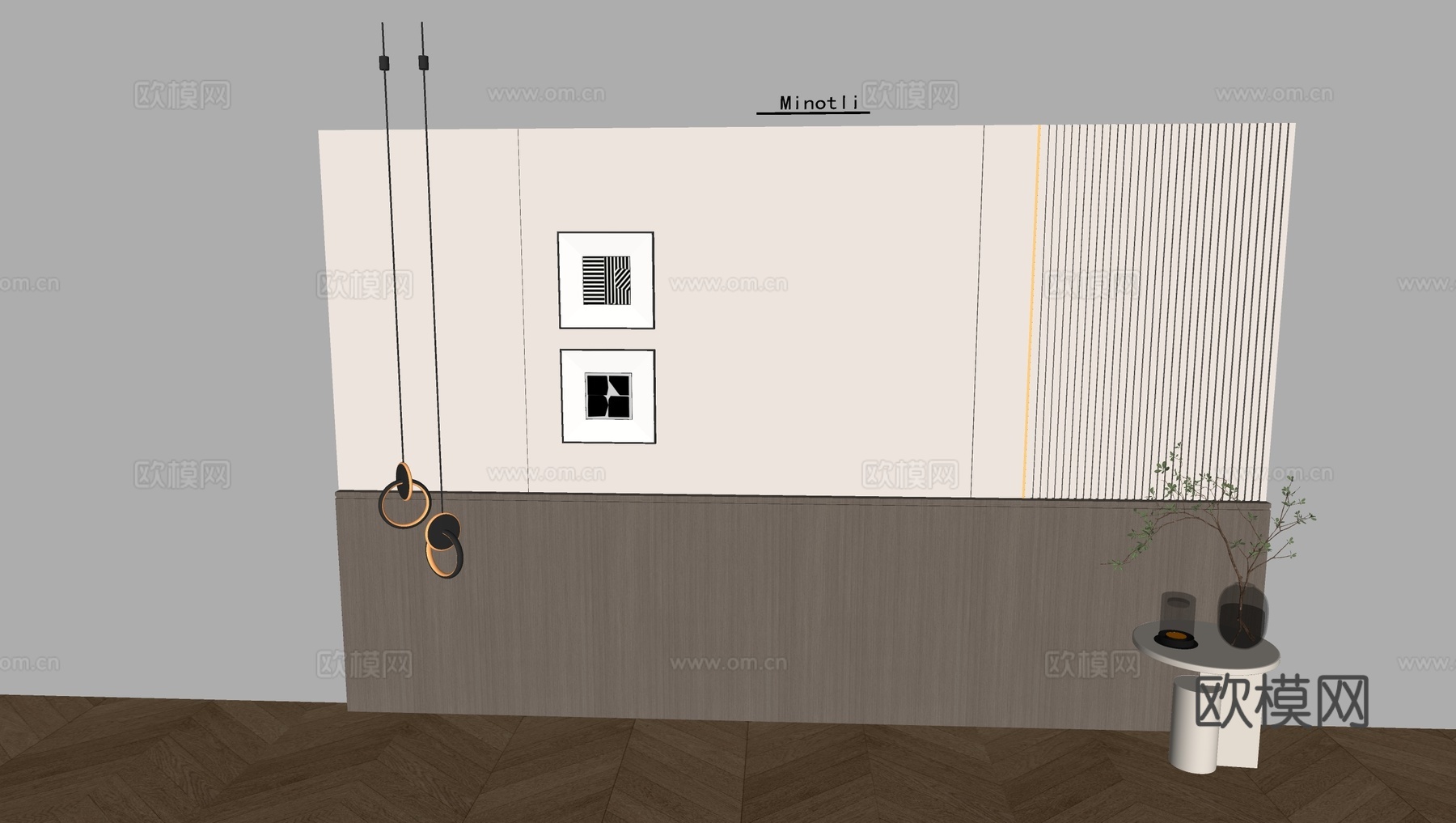 意式沙发背景墙 床头背景创意吊灯 北欧茶几su模型下载（渲染图2）