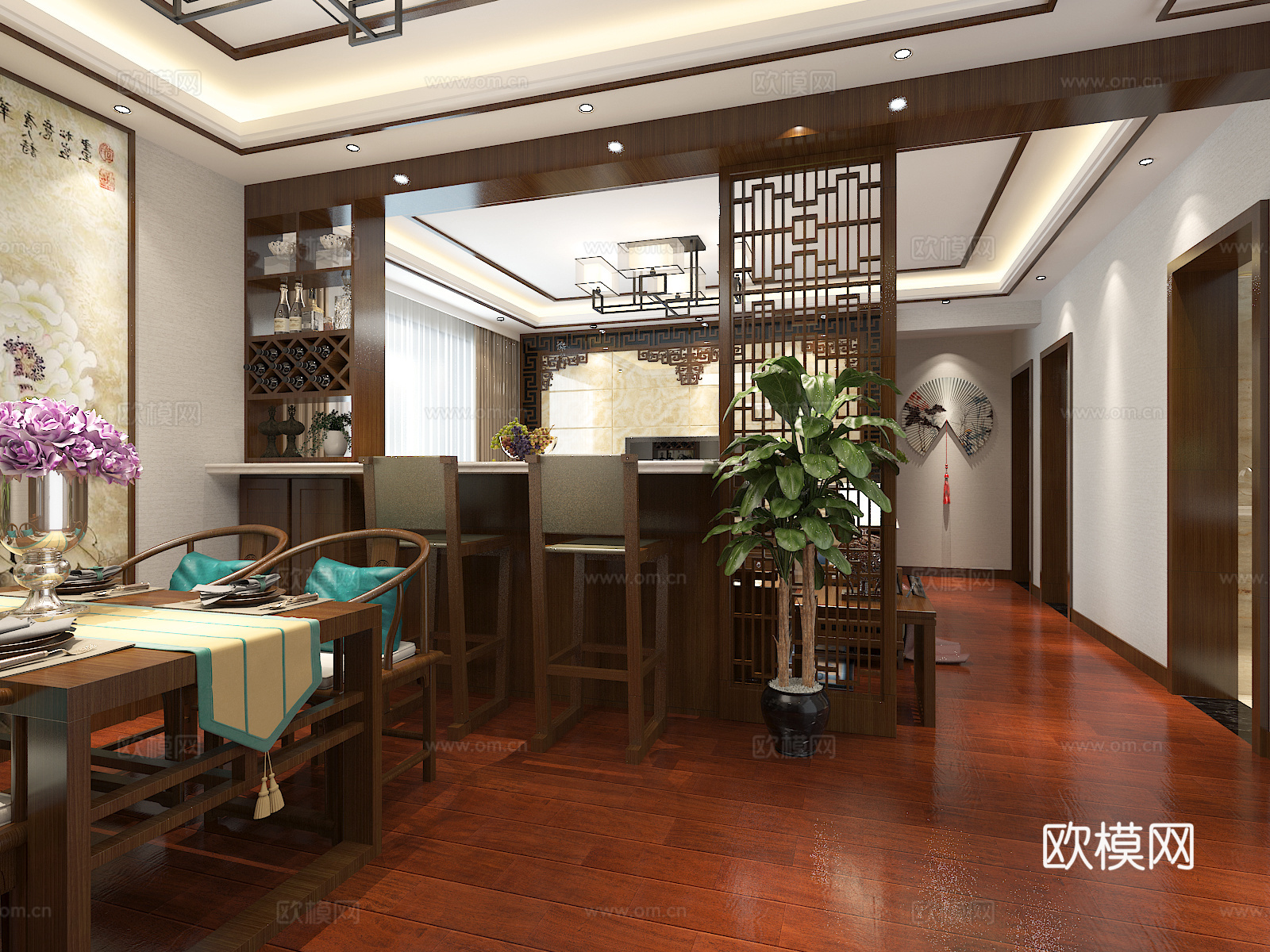 中式客餐厅 铁艺吊灯 布艺沙发3d模型