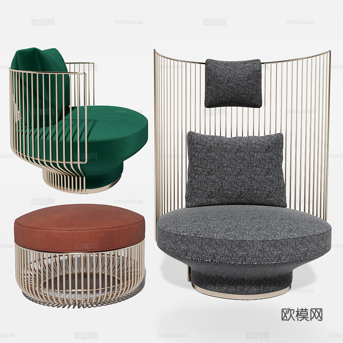 现代意式轻奢不锈钢布艺扶手椅3d模型