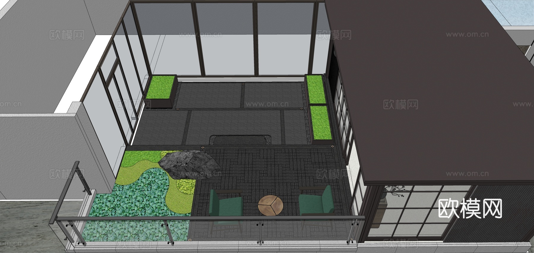 新中式屋顶花园su模型