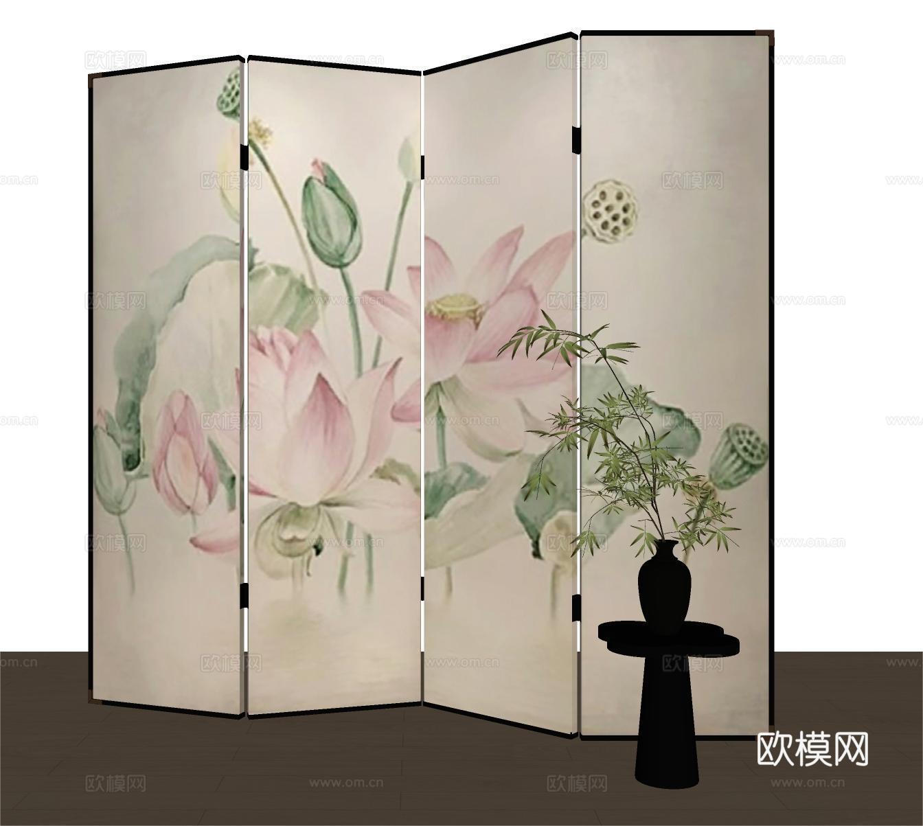 中式屏风隔断 荷花屏风su模型