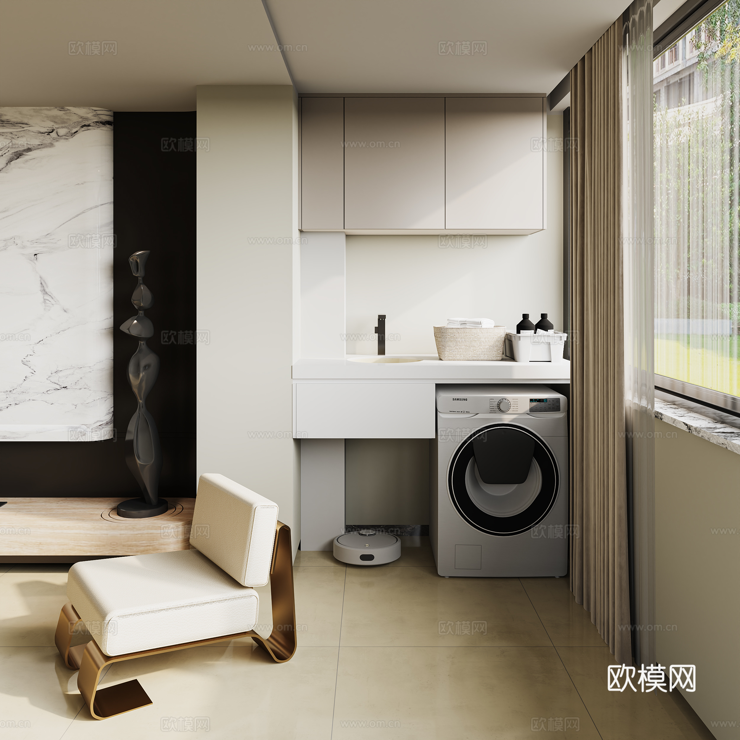 现代风居家阳台  现代洗衣机扫地机 休闲单椅3d模型