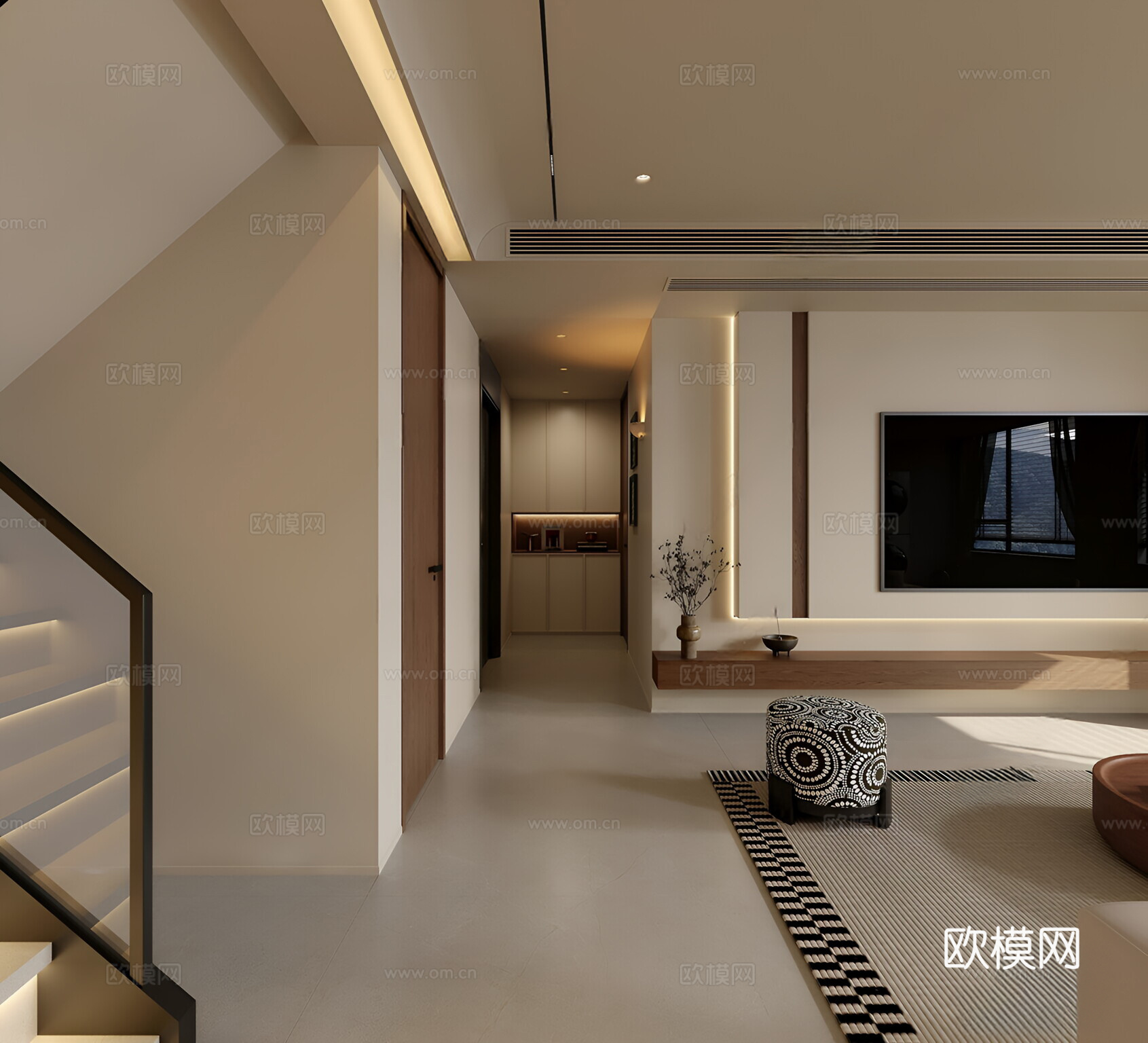 中古奶油家居客厅 中古奶油风客厅 中古奶油风电视背 中古风沙3d模型