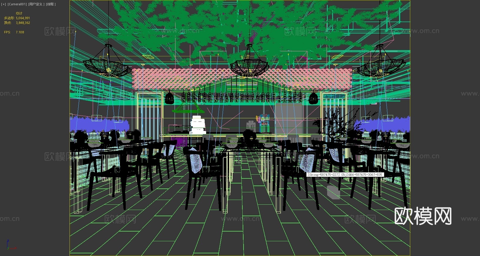 中式日式餐厅樱花伞餐桌餐椅灯笼盆栽植物3d模型