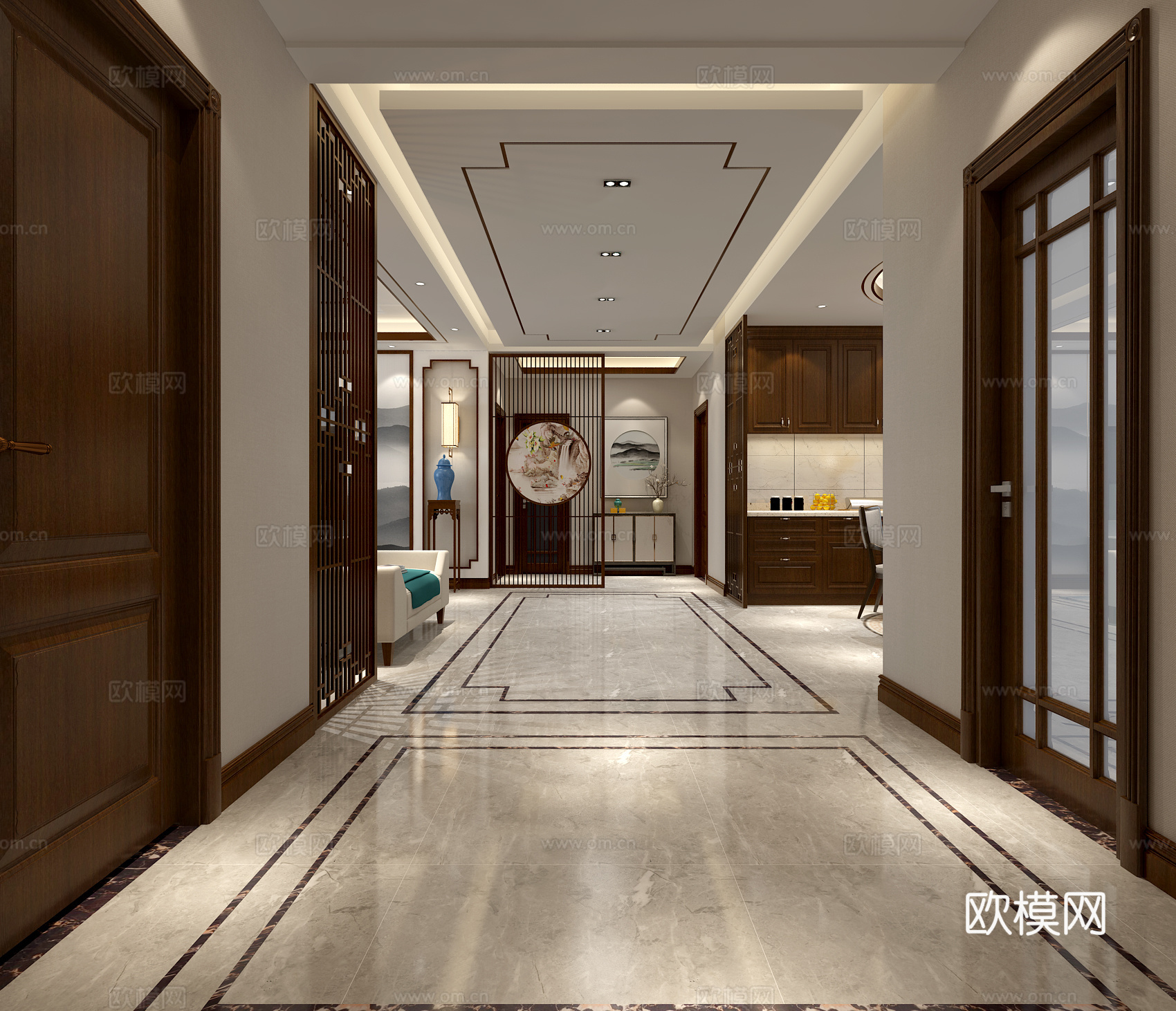 新中式客厅餐厅过道 屏风 边柜 沙发 组合电视柜 吊灯3d模型